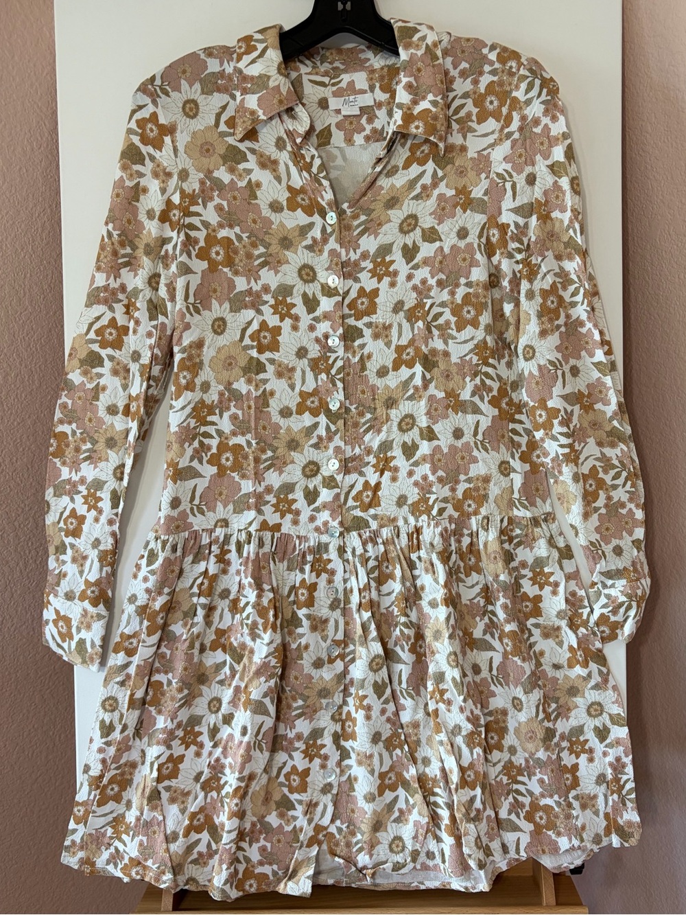 Monte Made In LA 70s Retro Floral Drop Waist Shirt Dress Medium M Cream